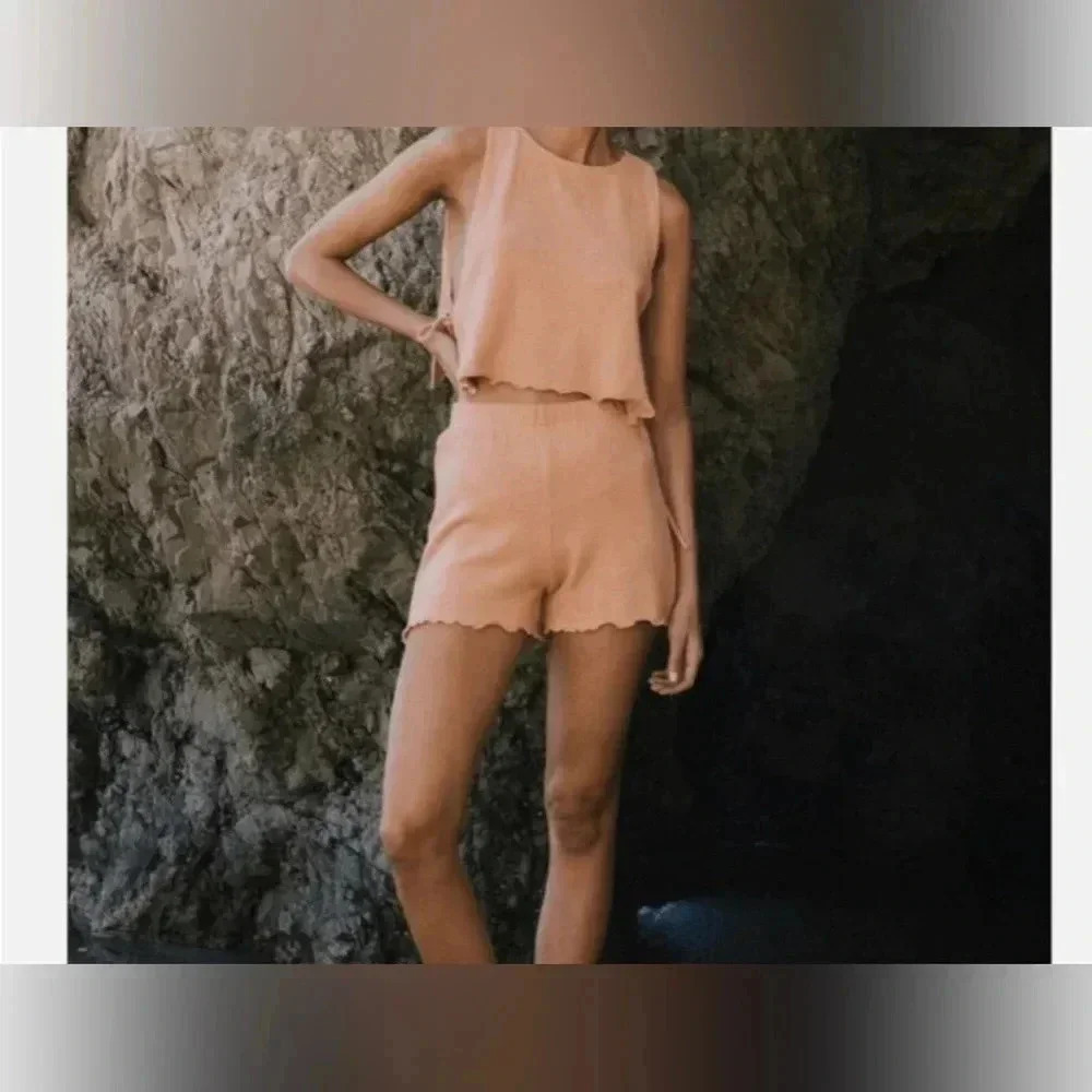 Woven Scallop Hem Women's Shorts - Peach